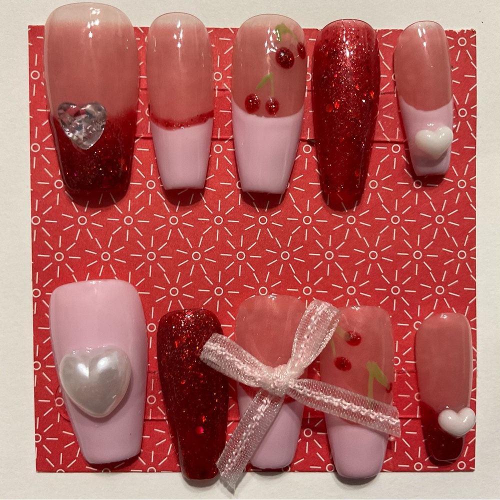 Red and Pink -Opposite of Violet- Cherry Press On Nails Set Medium #083